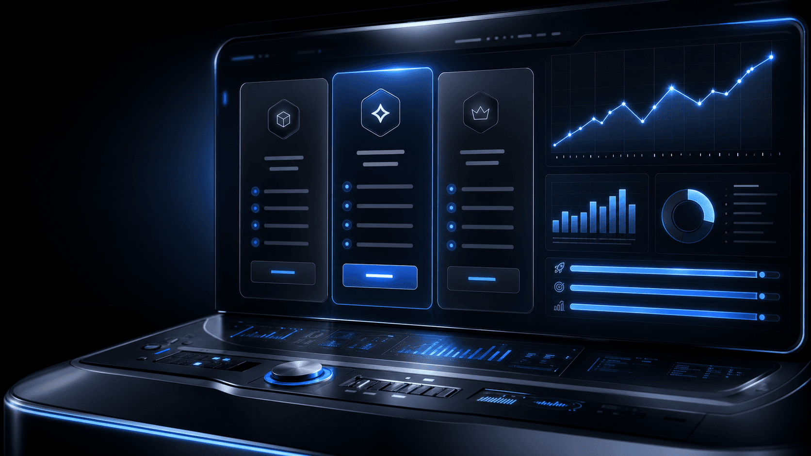 A holographic pricing console — three plans and live performance dashboards.