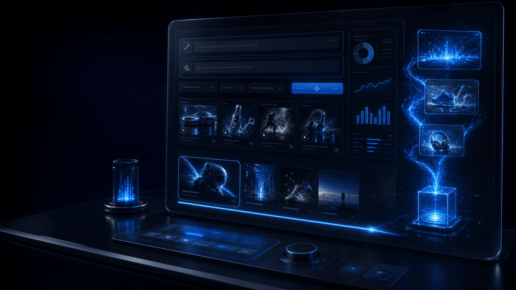 A glowing content-generation console — the engine that produces every format.