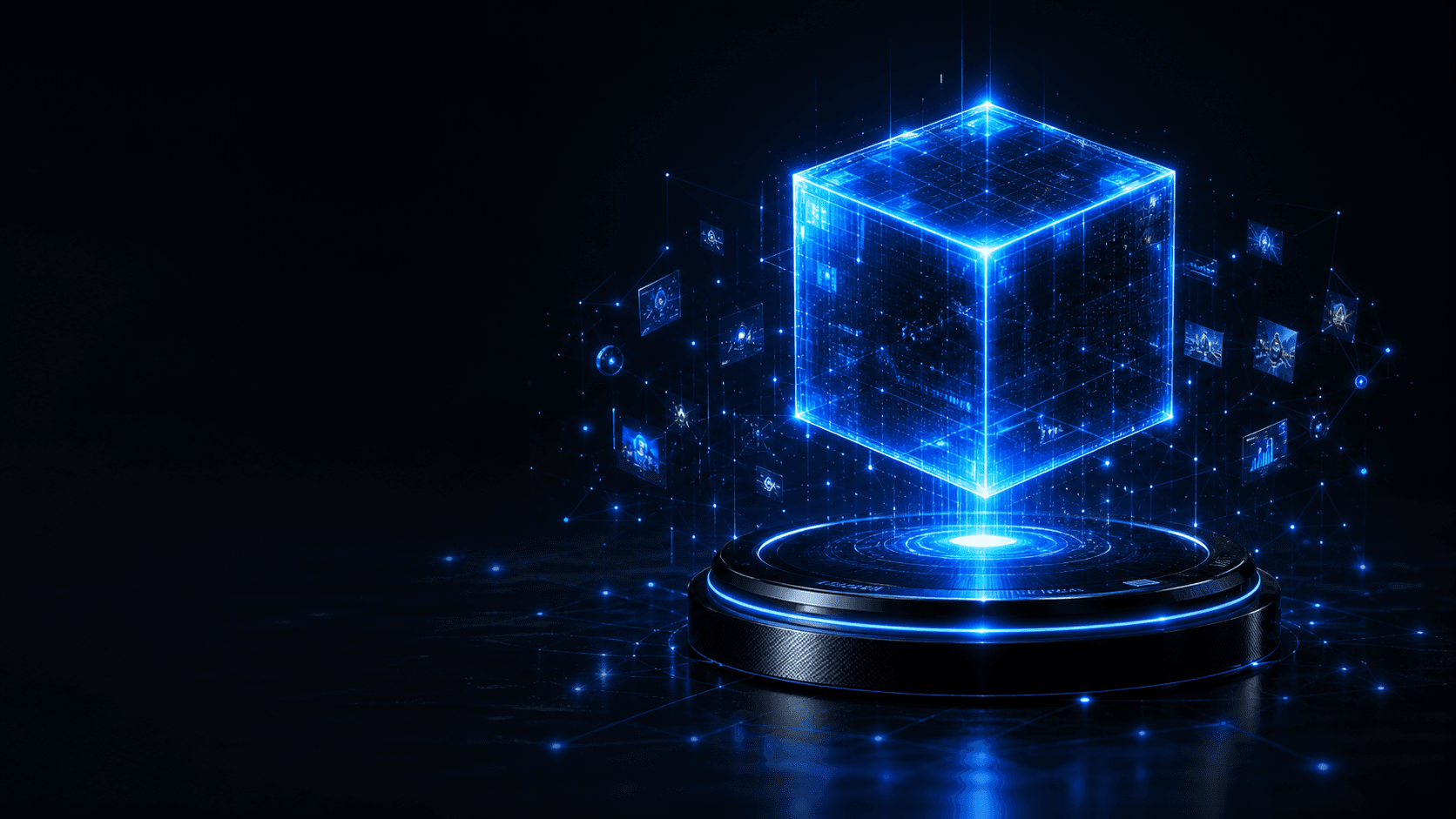 A glowing wireframe cube suspended over a pedestal — the creative system, rendered.