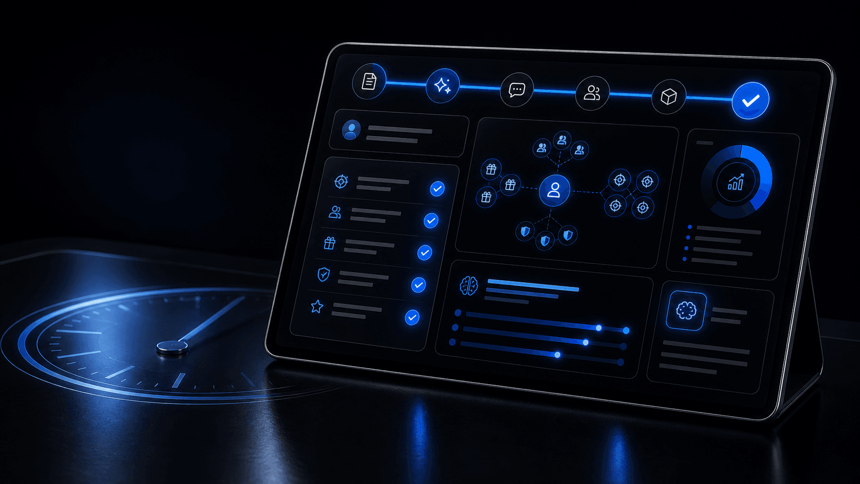 A glowing intake console — the strategy call, mapped to a plan and a number.