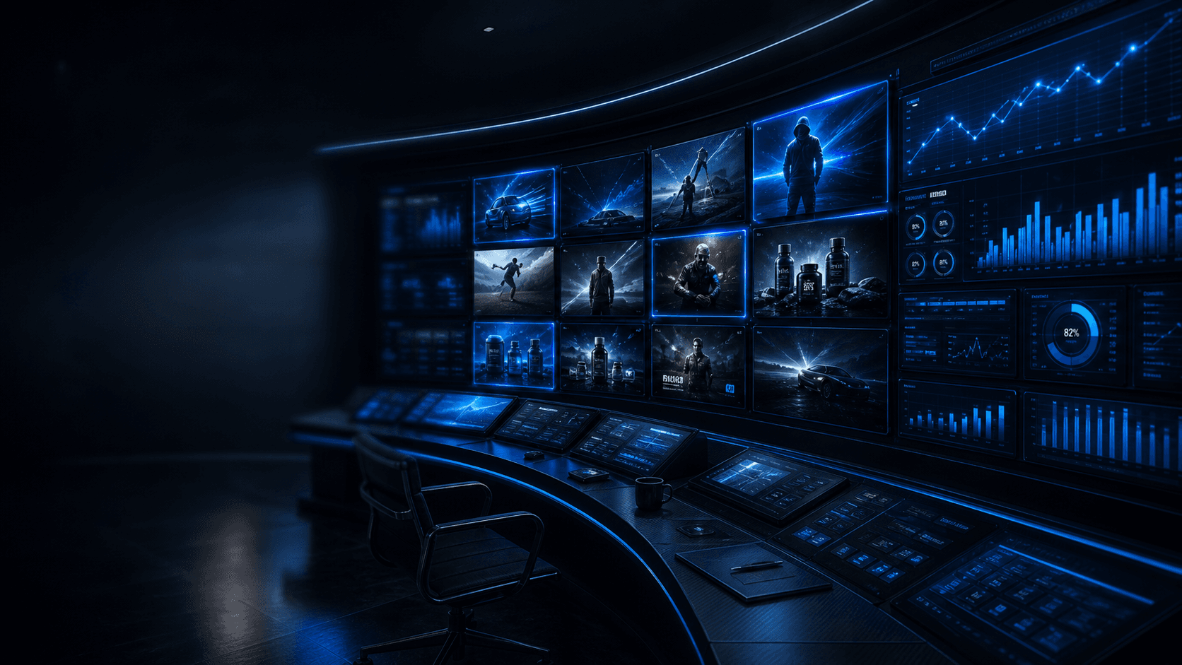 A command-center wall of live creative and analytics screens.