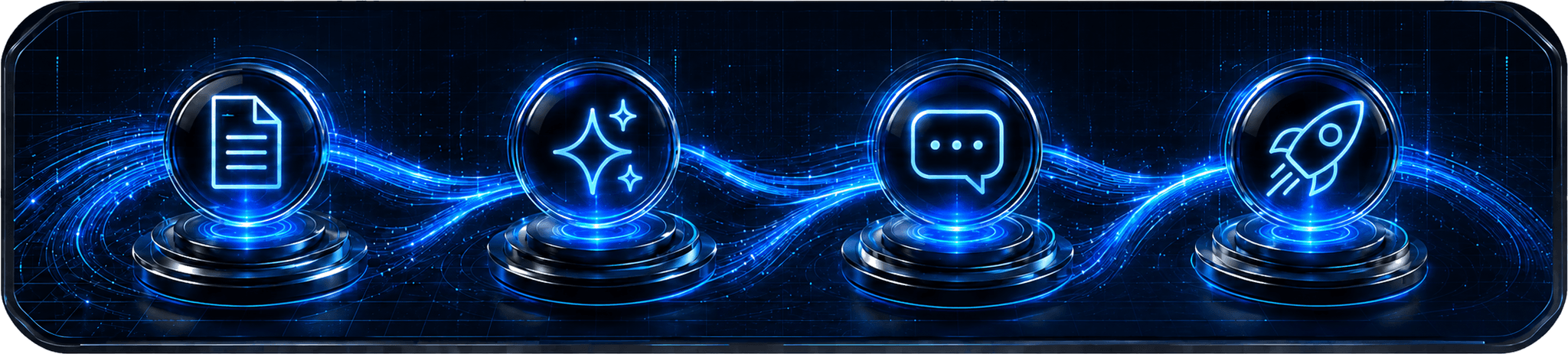 Four glowing nodes — brief, AI creation, review, and launch — along a single illuminated path.
