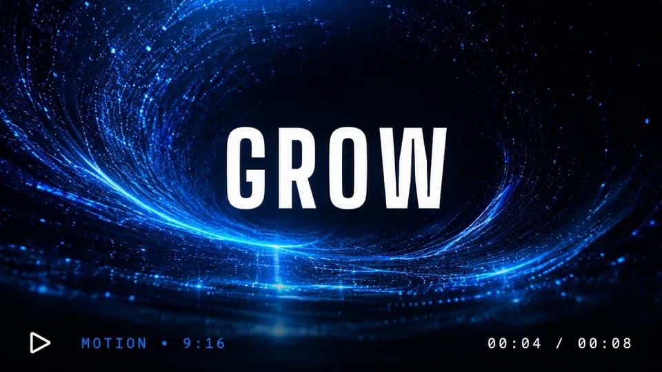 Kinetic motion ad — an animated ‘GROW’ title over a particle vortex.