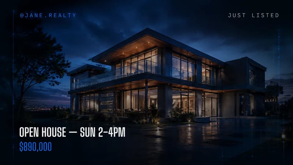 Static social post — a just-listed real estate open-house graphic.