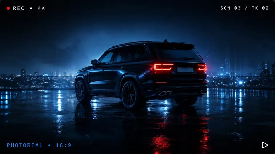 Photoreal video still — a luxury SUV on a rooftop at night.